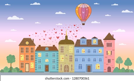 Postcard for Valentine's Day with the colorful air-balloon and hearts in the air above the night city with lights in windows