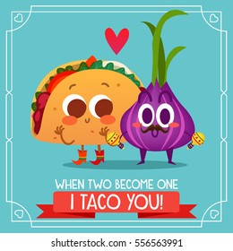 Postcard Valentine's Day. Comic food. Illustration with funny characters. Love and hearts. 