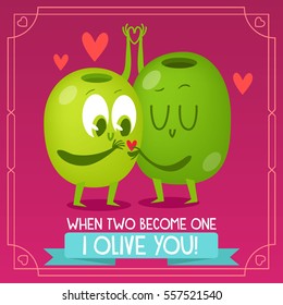 Postcard Valentine's Day. Comic food. Illustration with funny characters. Love and hearts. A couple of olives.