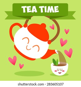 Postcard Valentine's Day.  Cooking with love. Merry food in cartoon style. Cartoon characters. Cup of tea.