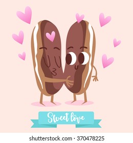 Postcard Valentine's Day. A couple in love eclairs. Comic food. Illustration with funny characters. Love and hearts.