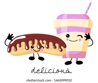 Postcard Valentine's Day. Cup of coffee with eclairs. Comic food. Illustration with funny characters. Love and hearts.