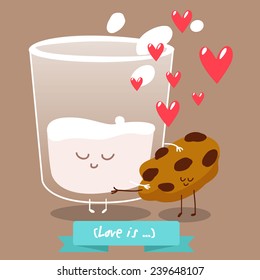 Postcard Valentine's Day. Cup of coffee with pieces of cookies. Comic food. Illustration with funny characters. Love and hearts