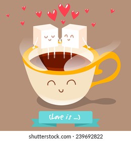 Postcard Valentine's Day. Cup of coffee with pieces of sugar. Comic food. Illustration with funny characters. Love and hearts