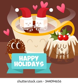 Postcard Valentine's Day. Cup of coffee with pieces of cookies. Comic food. Illustration with funny characters for Christmas in cartoon style. Love and hearts.