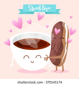 Postcard Valentine's Day. Cup of coffee with eclairs. Comic food. Illustration with funny characters. Love and hearts.