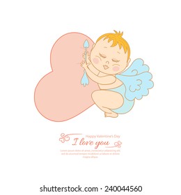Postcard Valentine's Day with Cupid. Vector illustration.