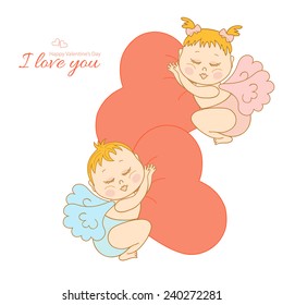 Postcard Valentine's Day with Cupid. Vector illustration.
