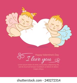 Postcard Valentine's Day with Cupid. Vector illustration.