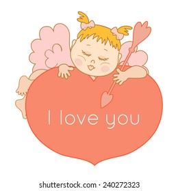 Postcard Valentine's Day with Cupid. Vector illustration.