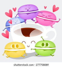 Postcard Valentine's Day with cute coffee cup and colorful macaroons on the  background.  Illustration with funny characters. Set of different taste macaroons.