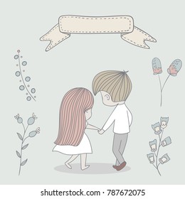 Postcard for Valentine's Day. A cute couple of a girl in a white dress and a boy in jeans. Heart on a turquoise background. Buttercups, pansies, flowers. Summer for decorations.