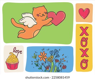 Postcard for Valentine's Day. Cute cupid cat with a heart, a bouquet and a cupcake with the inscription love. Symbols of the holiday of all lovers. Vector illustration in a flat style.