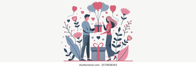 Postcard Valentine's Day, Family Day. Man gives a gift to a woman, on the background of balloons, hearts. Vector horizontal flat illustration with space for text. For love sites, invitations, dating a