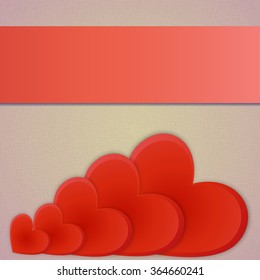 Postcard Valentine's Day. Five red hearts horizontally stacked ascending on retro background with space for text.