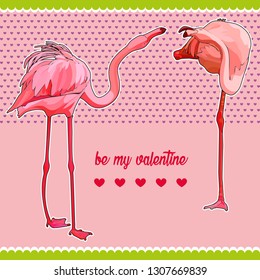 Postcard for Valentine's Day with flamingo. Vector, EPS 10