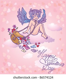 Postcard for Valentine`s Day with funny angel - postman