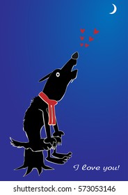 Postcard Valentines Day. Funny Wolf sends a signal of love. Vector illustration.