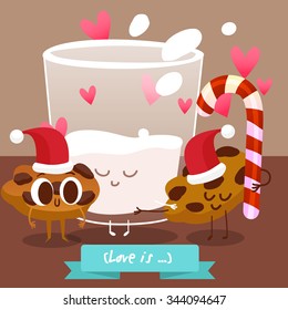 Postcard Valentine's Day. Glass of milk with pieces of cookies. Comic food. Illustration with funny characters for Christmas in cartoon style. Love and hearts.