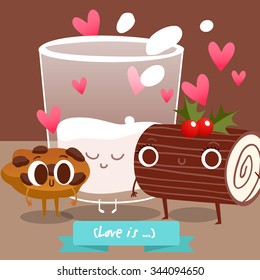 Postcard Valentine's Day. Glass of milk with pieces of cookies. Comic food. Illustration with funny characters for Christmas in cartoon style. Love and hearts. 