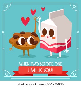 Postcard Valentine's Day. Glass of milk carton. Comic food. Illustration with funny characters. Love and hearts.  