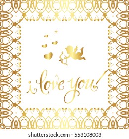 Postcard for Valentine's day. Heart, angel, Cupid. Pattern on a white background.
The words "I love you"