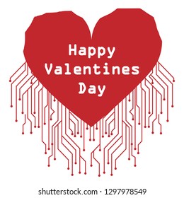 Postcard with Valentine's Day in high-tech style. Big heart with an inscription and microchips.