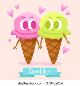 Postcard Valentine's Day. Ice cream. Comic food. Illustration with funny characters. Love and hearts.