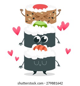 Postcard Valentine's Day. Illustration with funny characters. Love and hearts. Japanese traditional cuisine illustration. Cute sushi character. Japanese food.