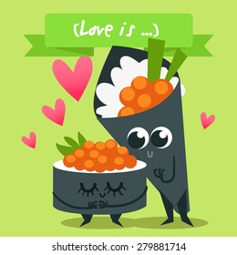 Postcard Valentine's Day. Illustration with funny characters. Love and hearts. Japanese traditional cuisine illustration. 