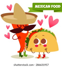 Postcard Valentine's Day. Illustration with funny characters. Love and hearts.Mexican traditional food. Red and hot! chili pepper and tacos with funny face.