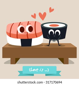 Postcard Valentine's Day. Illustration with funny characters. Love and hearts. Japanese traditional cuisine illustration. Cute sushi character. Japanese food.