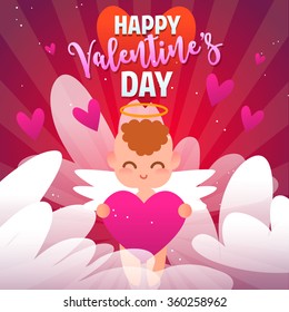 Postcard Valentine's Day. Illustration with funny characters. Cute angel style flat. Flat illustration
