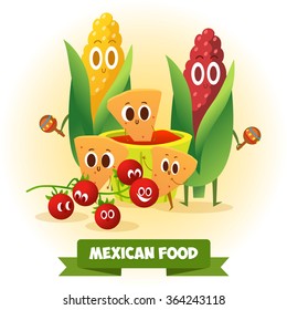 Postcard Valentine's Day. Illustration with funny characters. Love and hearts.Mexican traditional food. Red and hot! chili pepper and tacos with funny face.
