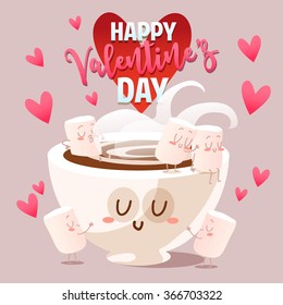 Postcard Valentine's Day. Illustration with funny characters. Cute cup of coffee and marshmallows.