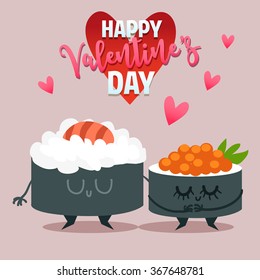 Postcard Valentine's Day. Illustration with funny characters. Love and hearts. Japanese traditional cuisine illustration. 