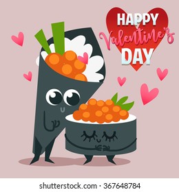 Postcard Valentine's Day. Illustration with funny characters. Love and hearts. Japanese traditional cuisine illustration. 