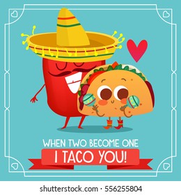 Postcard Valentine's Day. Illustration with funny characters. Love and hearts.Mexican traditional food. Red and hot! chili pepper and tacos with a funny face.