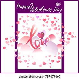 Postcard with Valentine's Day, with inscription, love, on a pink cloud with hearts.