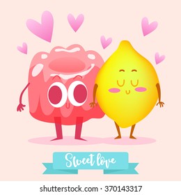 Postcard Valentine's Day. lemon, fruit, pudding. Comic food. Illustration with funny characters. Love and hearts.