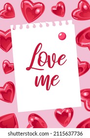Postcard for Valentines Day. Love me. Letter. Bright illustration with shiny realistic heart shaped balloons. For posters, postcards, banners, fabric printing