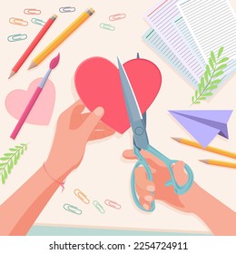 Postcard for Valentine's Day or Mother's Day. Hands with scissors cut a pink heart out of paper, vector illustration. Girl makes a valentine, love