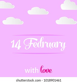 Postcard with Valentine's Day on pink background with paper clouds. Happy Valentine's Day. Romantic holidays. The 14th of February. Vector illustration