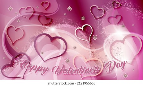 Postcard for Valentine's Day in pink colors. The contours of hearts, cute flowers, a congratulatory inscription on the background of overlapping abstract wavy shapes. Vector. 