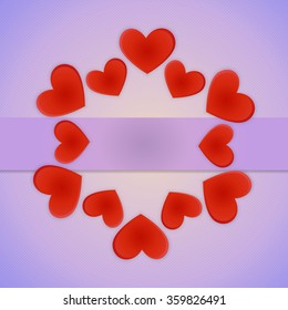 Postcard Valentine's Day. Round frame of a plurality of different size red hearts on vintage background with ribbon for your text.