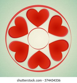 Postcard Valentine's Day. Round frame of six red hearts on the retro background.