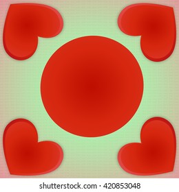 Postcard Valentine's Day. Square frame of four red hearts of various sizes on a retro background with round place for text.