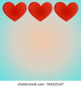 Postcard Valentine's Day. Three red heart on top of the image on the retro background.