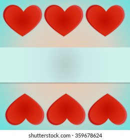 Postcard Valentine's Day. Three red heart on top and bottom of the picture on the retro background with space for text.