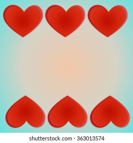 Postcard Valentine's Day. Three red heart on top and bottom of the picture on the retro background.
